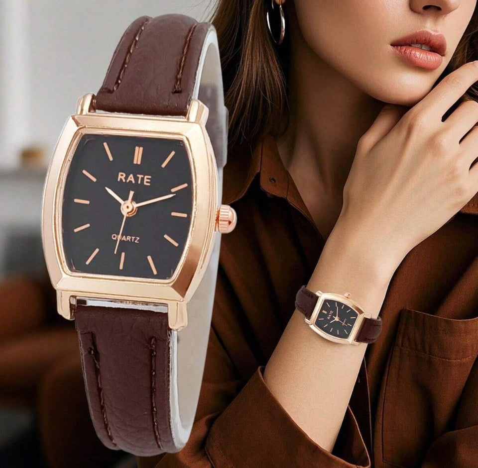 Women’s Minimalist Barrel-Shaped Quartz Watch – Leather Strap – Black & Brown