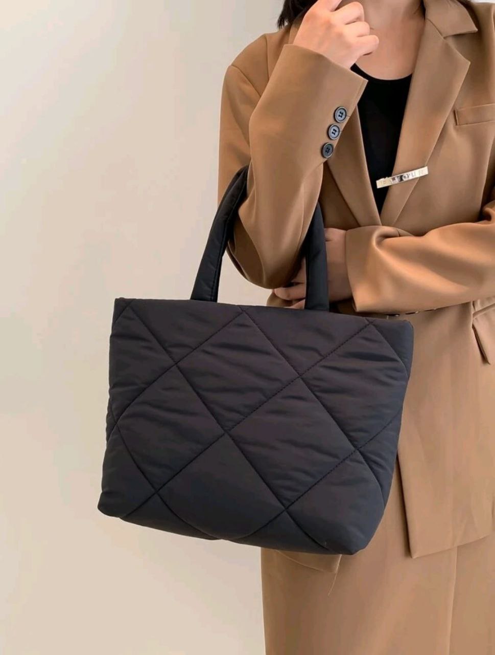 Fashionable Quilted Embroidery Tote Bag – Black Multifunctional Fabric Shoulder Handbag