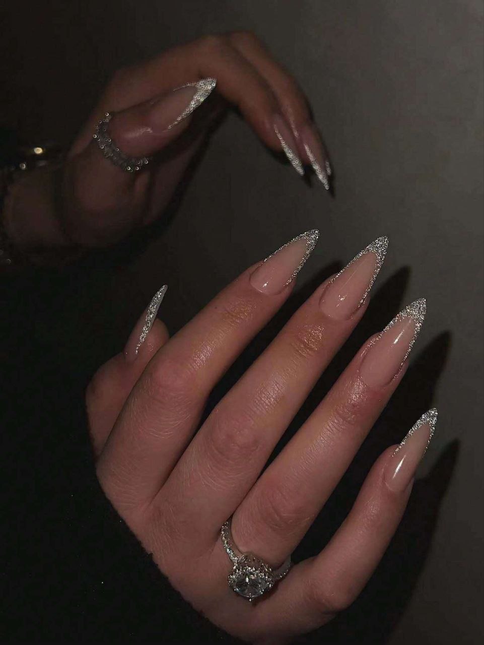 24pcs Long Almond Silver Glitter French Press-On Nails Set