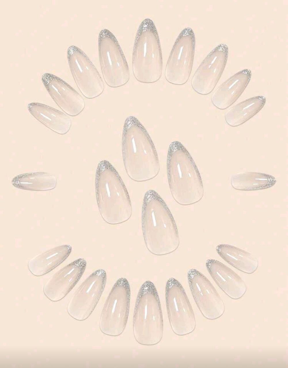 24pcs Long Almond Silver Glitter French Press-On Nails Set