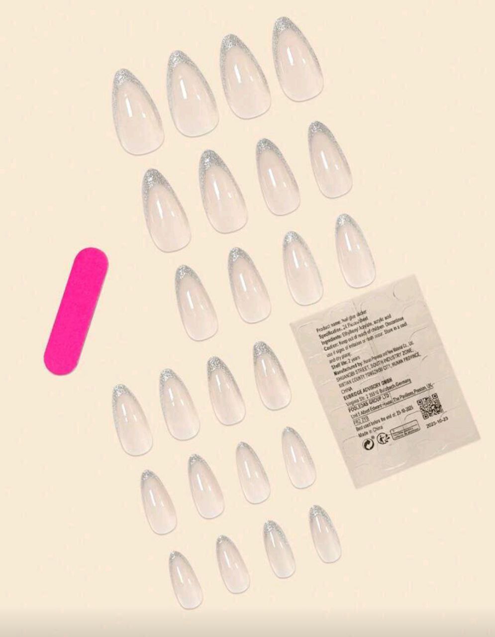 24pcs Long Almond Silver Glitter French Press-On Nails Set