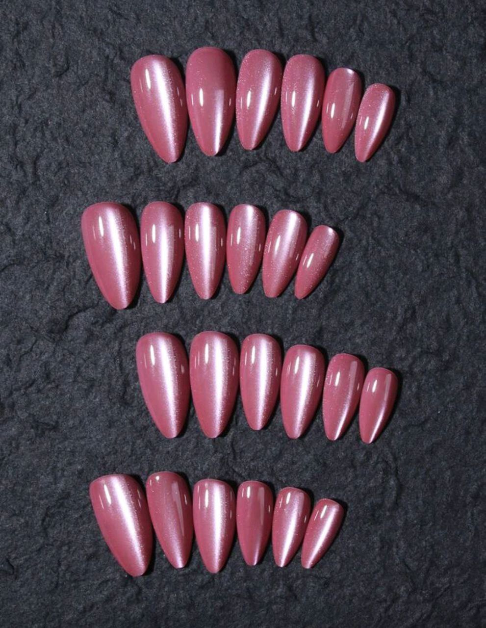 24pcs Y2K Long Almond Pink Crystal Cat Eye Press-On Nails Set