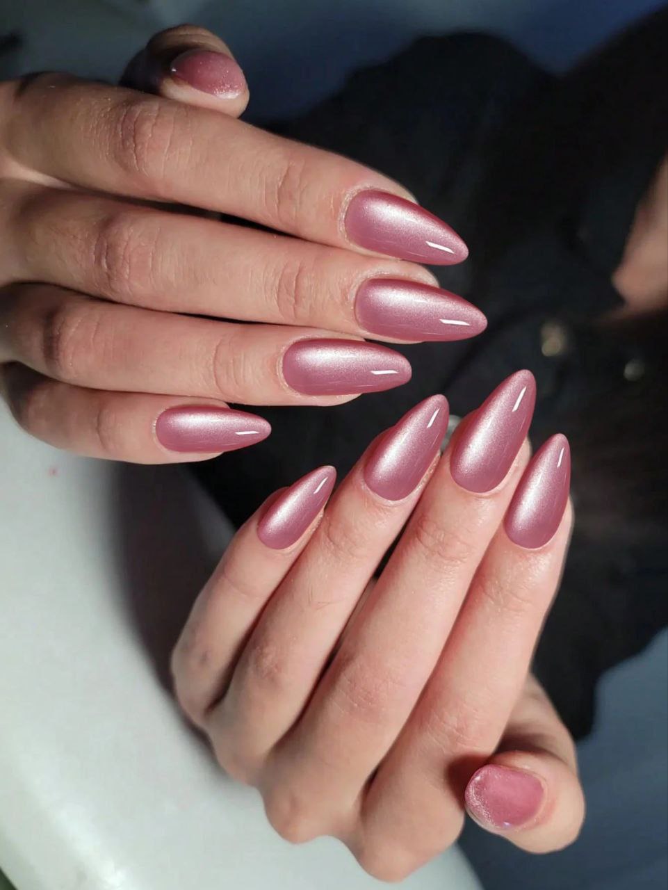 24pcs Y2K Long Almond Pink Crystal Cat Eye Press-On Nails Set