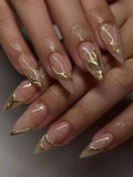 24pcs 3D Gold Metallic French Almond Press-On Nails with Rhinestones