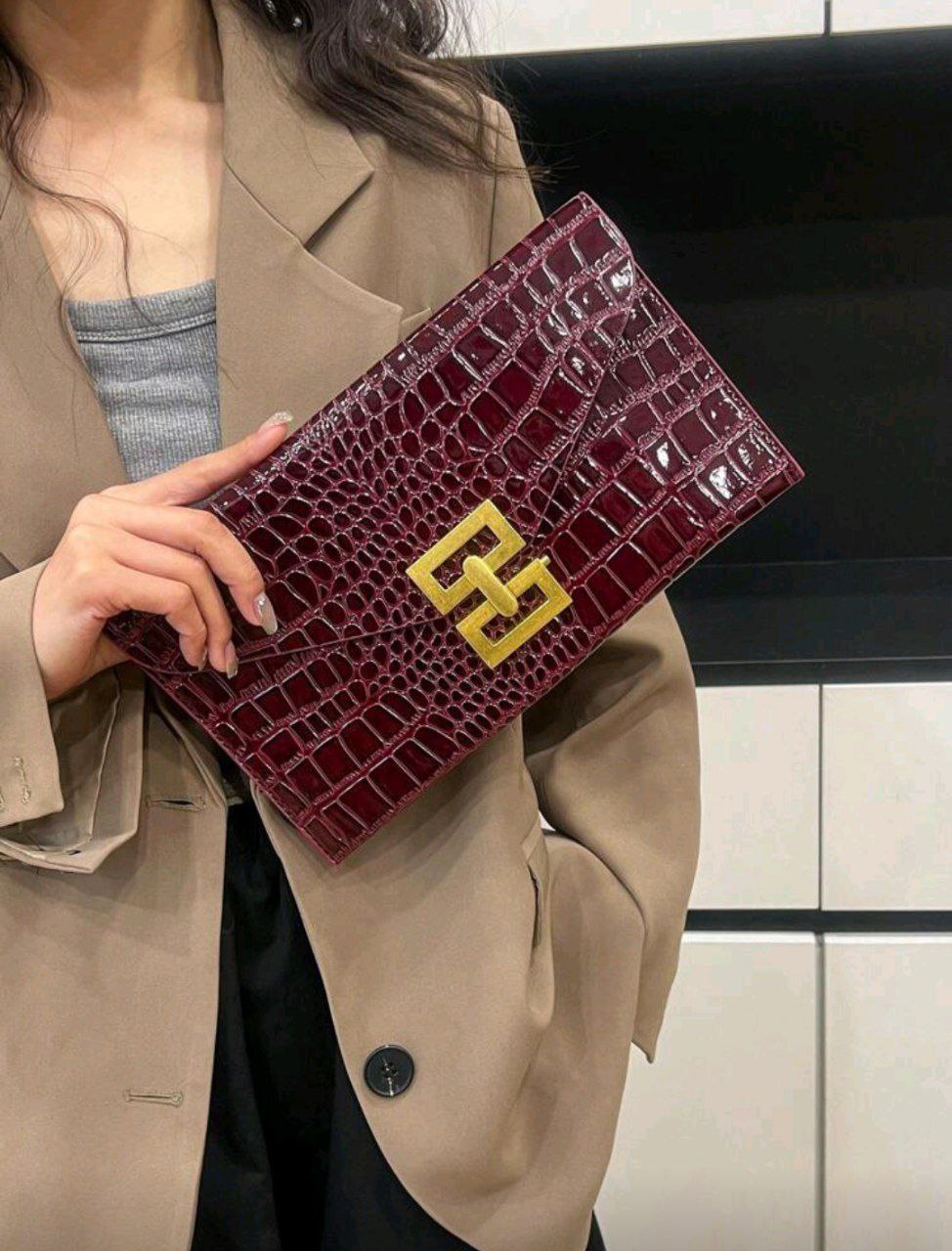 New Design Mini Envelope Bag – Crocodile Pattern Vintage Clutch ( Black, Burgundy & Gold )