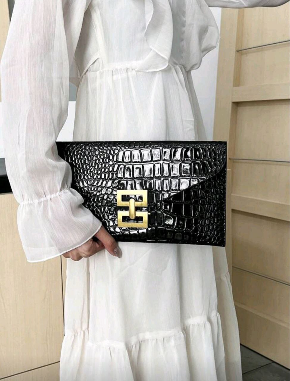 New Design Mini Envelope Bag – Crocodile Pattern Vintage Clutch ( Black, Burgundy & Gold )