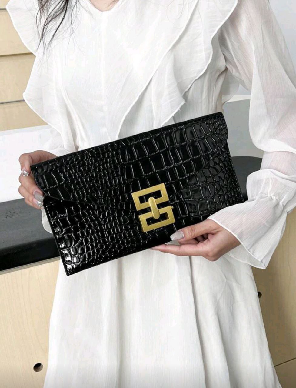 New Design Mini Envelope Bag – Crocodile Pattern Vintage Clutch ( Black, Burgundy & Gold )