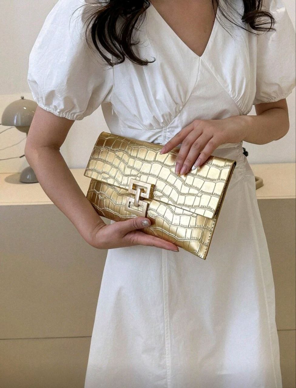 New Design Mini Envelope Bag – Crocodile Pattern Vintage Clutch ( Black, Burgundy & Gold )