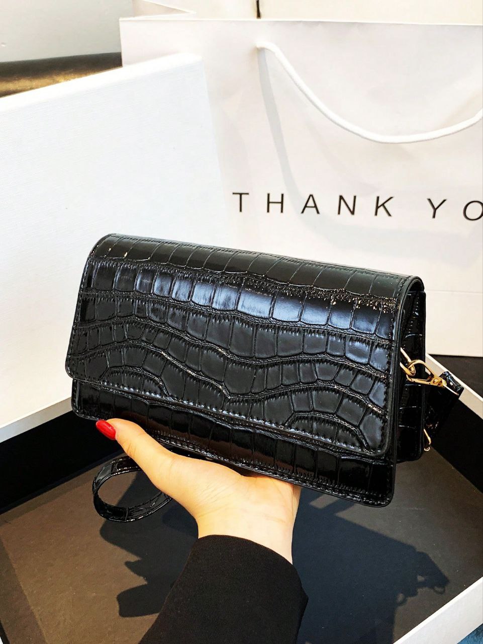 Black Crocodile Embossed Baguette Shoulder Bag – Shiny Statement Handbag for Women