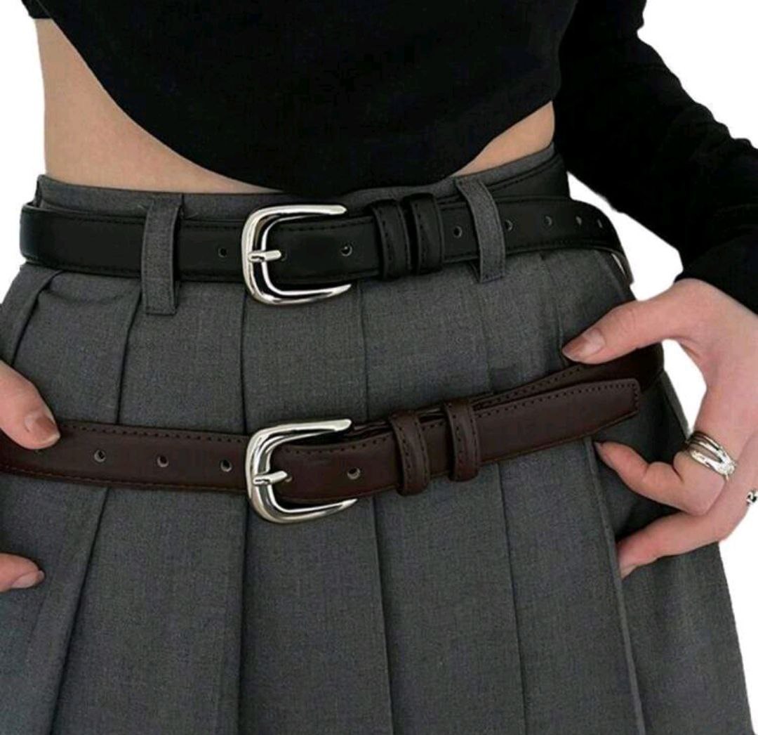 Women’s Leather Belt with Shiny Silver Buckle – Minimal Korean Style