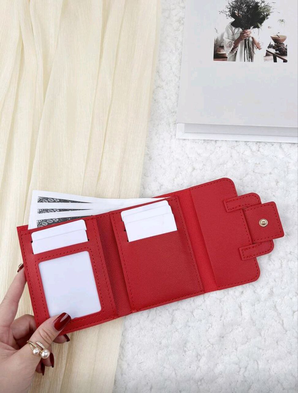 PU Triple Fold Flap Wallet – Small Portable Card & Photo Holder for Women (Red / Burgundy)