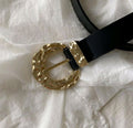 Women’s Black Belt with Gold Oval Textured Buckle – Minimal Vintage Style