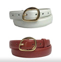 Two belts, one white and one burgundy, with gold buckles on a white background.