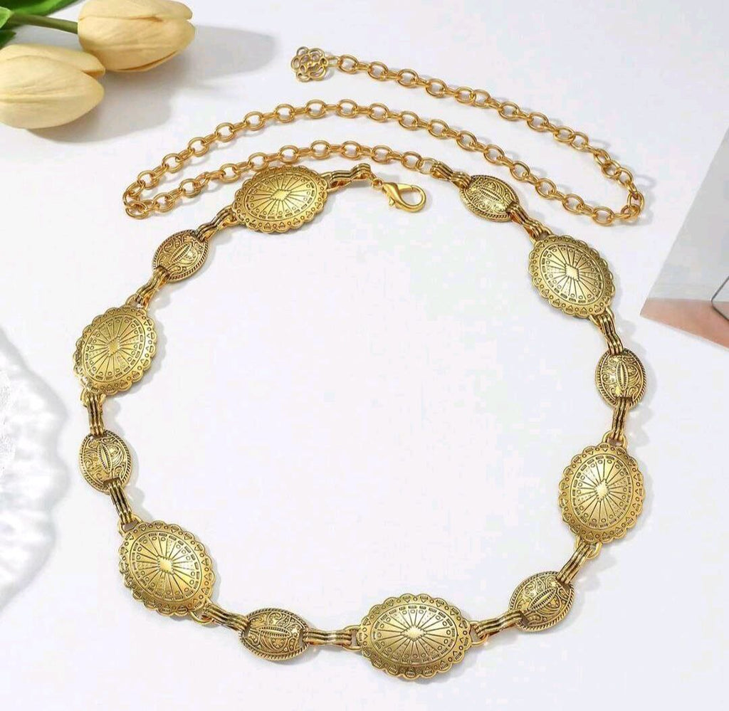 Women’s Vintage Bohemian Waist Chain – Gold Metal Floral (Distressed & Versatile)