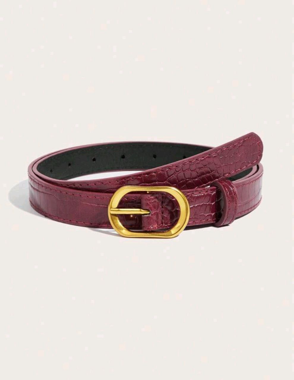 Women’s Burgundy Crocodile Textured Belt – Round Gold Buckle (Luxury Retro)