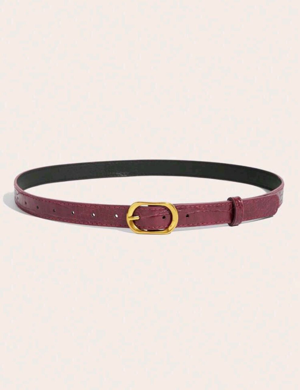 Women’s Burgundy Crocodile Textured Belt – Round Gold Buckle (Luxury Retro)