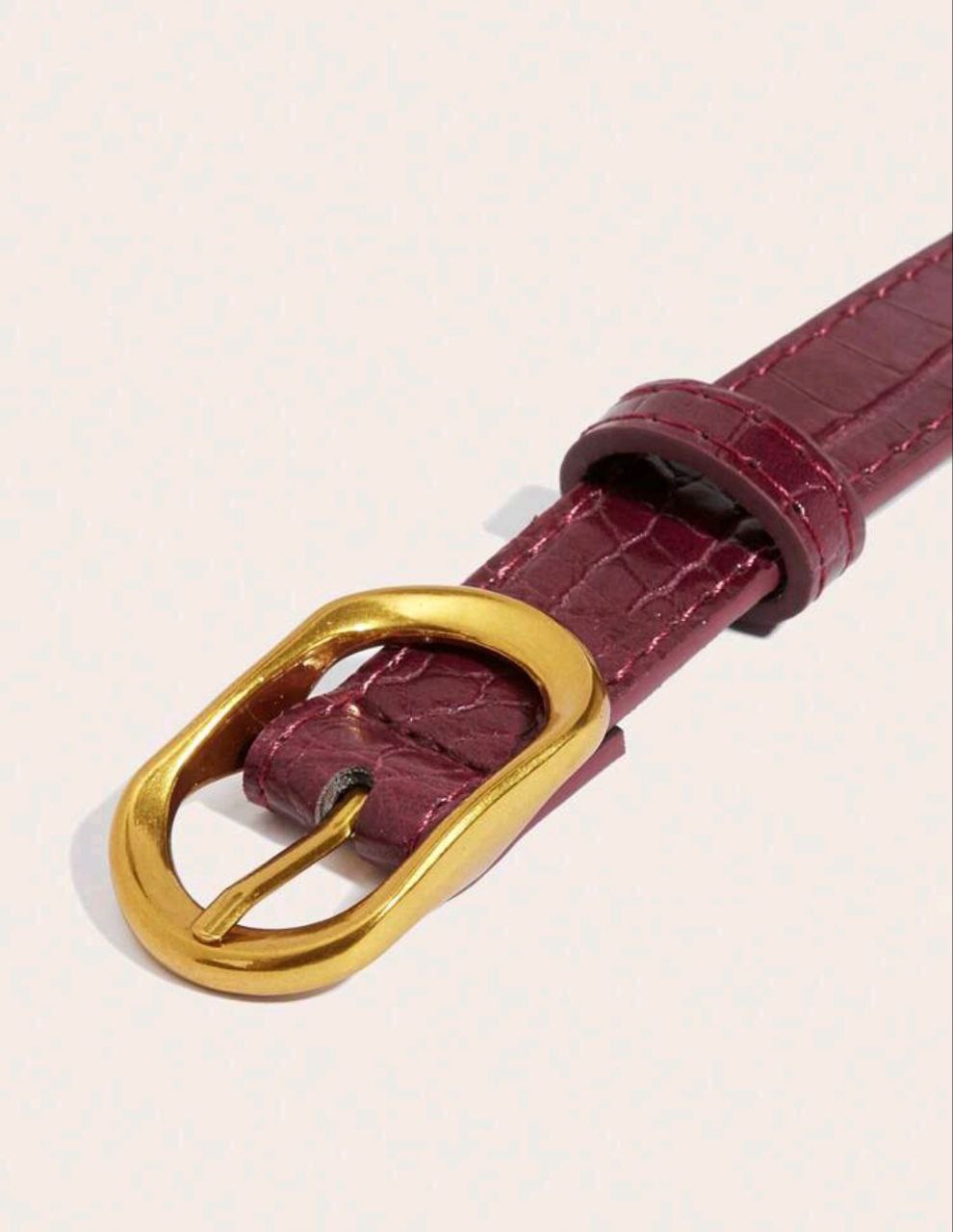 Women’s Burgundy Crocodile Textured Belt – Round Gold Buckle (Luxury Retro)