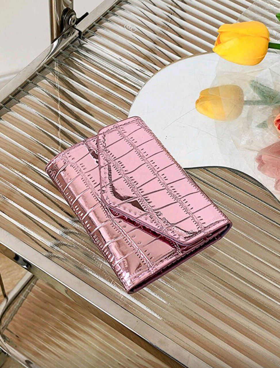Shiny Crocodile Embossed Bi-Fold Wallet – Metallic Slim Card & Cash Wallet for Women