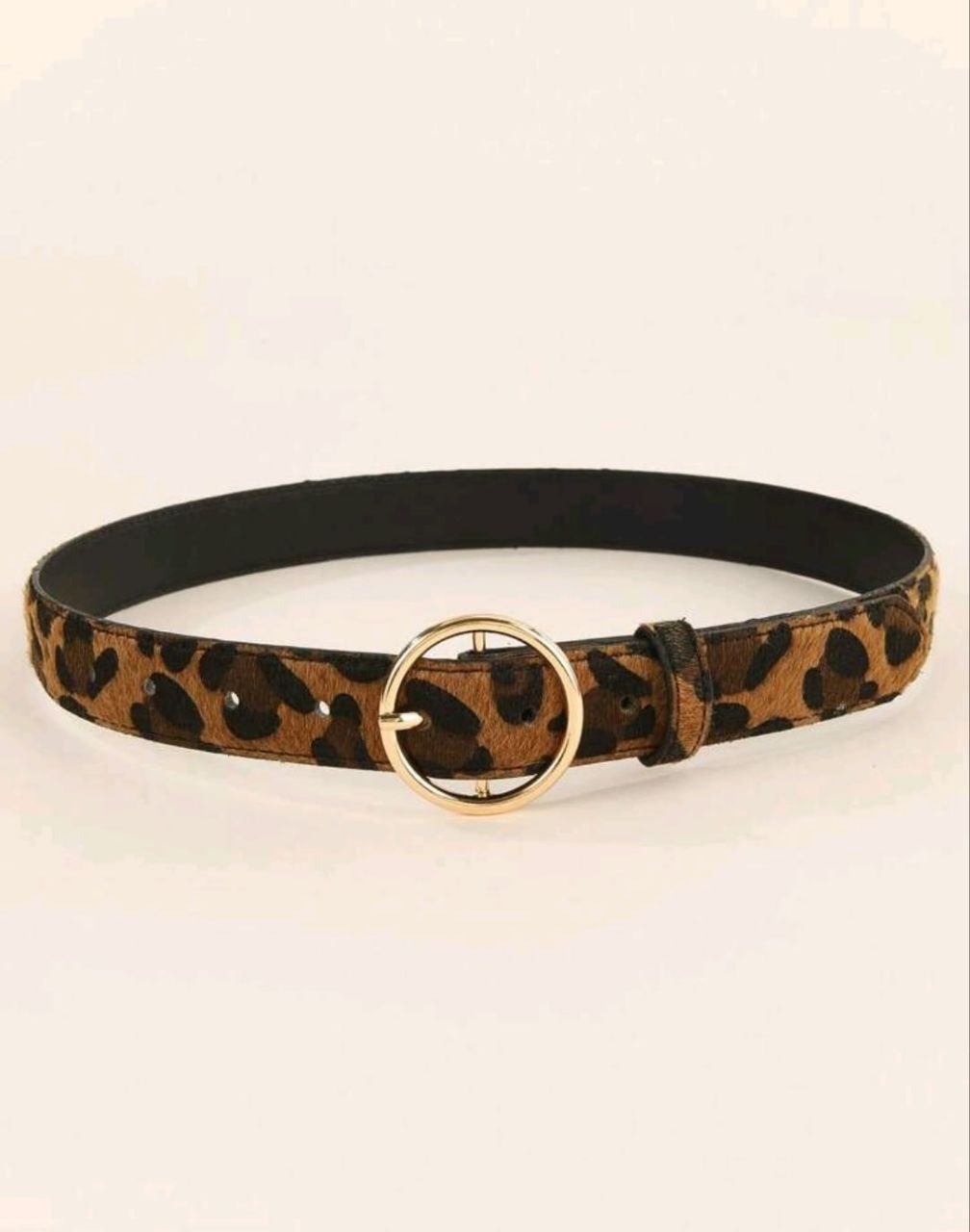 Leopard print belt with a gold ring on a white background