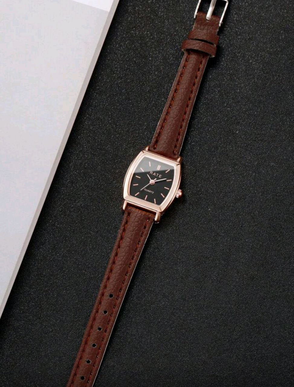 Women’s Minimalist Barrel-Shaped Quartz Watch – Leather Strap – Black & Brown