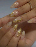 24PCS Short Almond Gold Tip Press-On Nails – 3D Gold Foil Wave Design