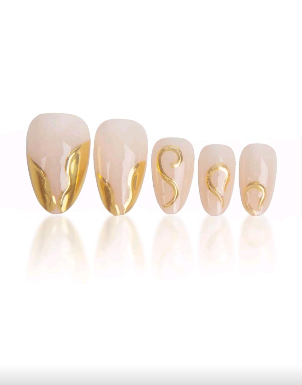 24PCS Short Almond Gold Tip Press-On Nails – 3D Gold Foil Wave Design