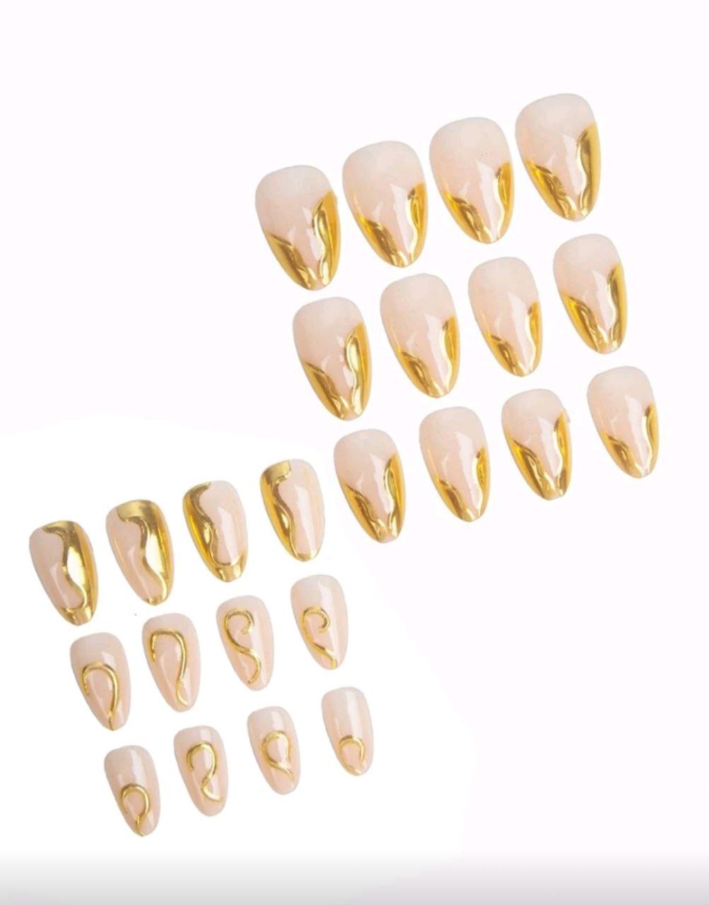 24PCS Short Almond Gold Tip Press-On Nails – 3D Gold Foil Wave Design
