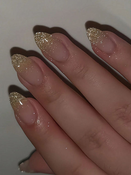 24PCS Long Almond Ombre Glitter Press-On Nails – Silver / Gold