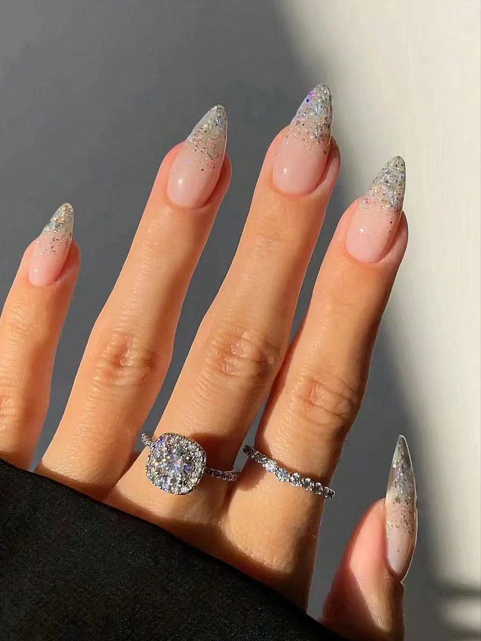 24PCS Long Almond Ombre Glitter Press-On Nails – Silver / Gold