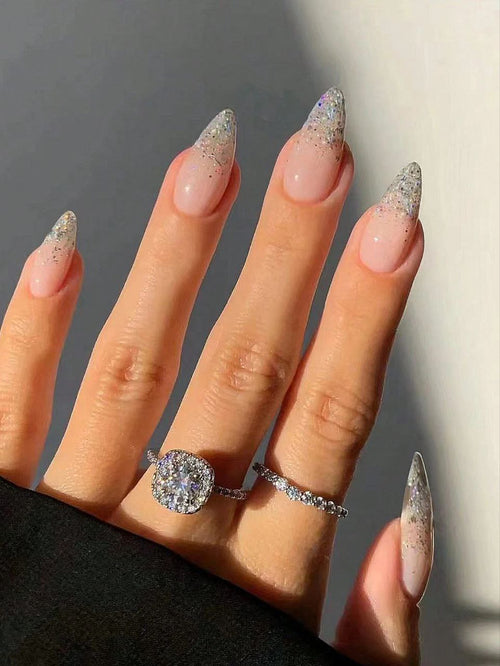 24PCS Long Almond Ombre Glitter Press-On Nails – Silver / Gold