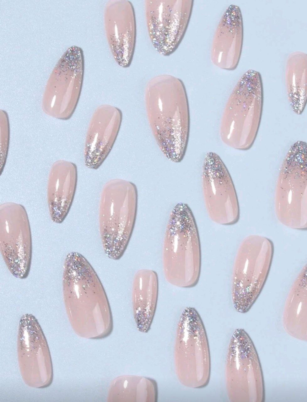 24PCS Long Almond Ombre Glitter Press-On Nails – Silver / Gold