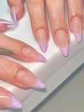 24PCS Bare Almond French Edge Purple Press-On Nails