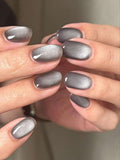 24pcs Gray Cat Eye Short Oval Nails + 1 Adhesive Tab + 1 Nail File