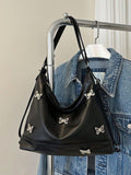 Solid Color Stone Pattern Bowknot PU Leather Shoulder & Backpack – Black