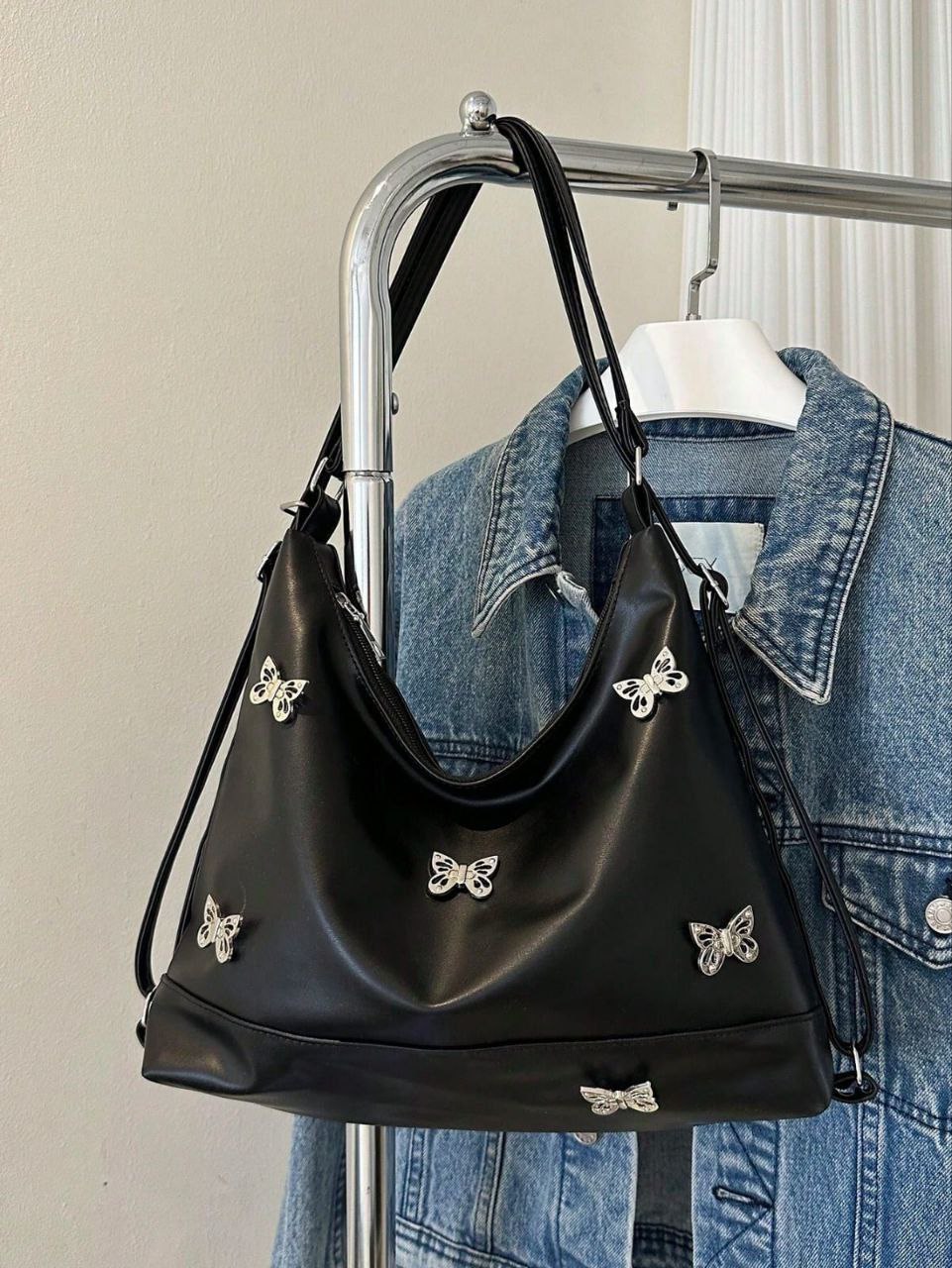 Solid Color Stone Pattern Bowknot PU Leather Shoulder & Backpack – Black