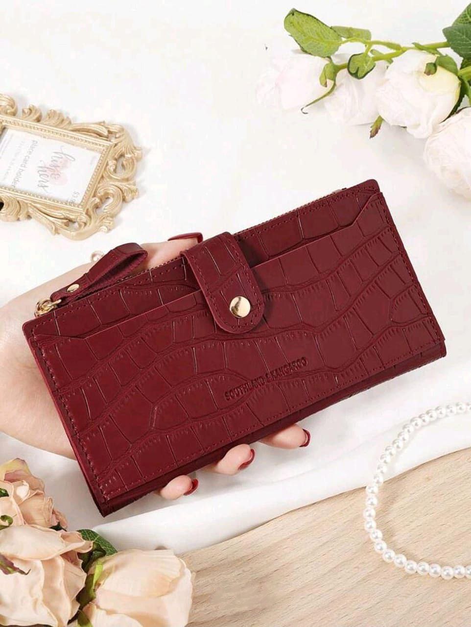 Crocodile Embossed Long Wallet – Fold Over Zipper Card & Cash Organizer for Women ( Burgundy & Beige )