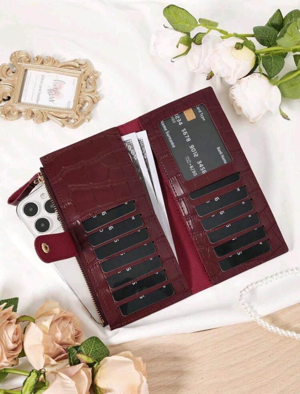 Crocodile Embossed Long Wallet – Fold Over Zipper Card & Cash Organizer for Women ( Burgundy & Beige )