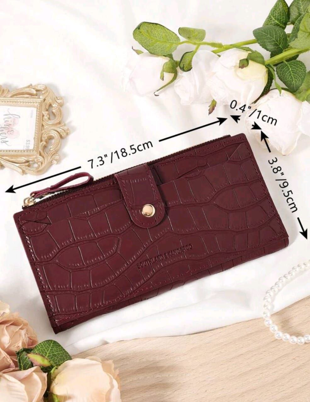 Crocodile Embossed Long Wallet – Fold Over Zipper Card & Cash Organizer for Women ( Burgundy & Beige )