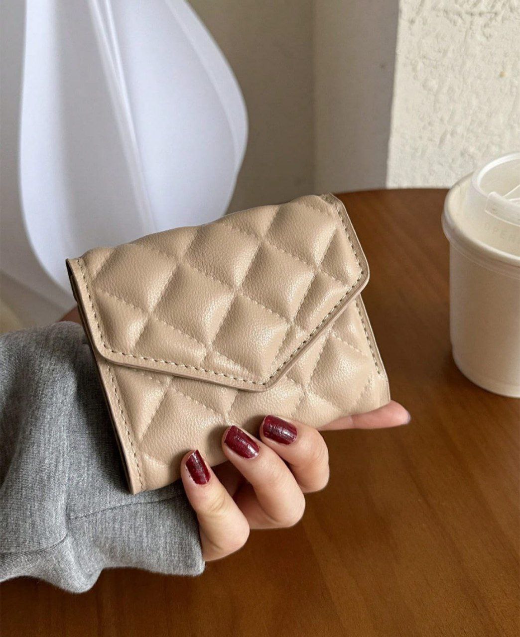 Quilted Rhombus PU Leather Compact Bifold Wallet ( Pink, Beige )