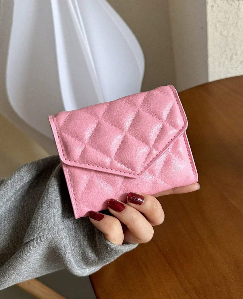 Quilted Rhombus PU Leather Compact Bifold Wallet ( Pink, Beige )