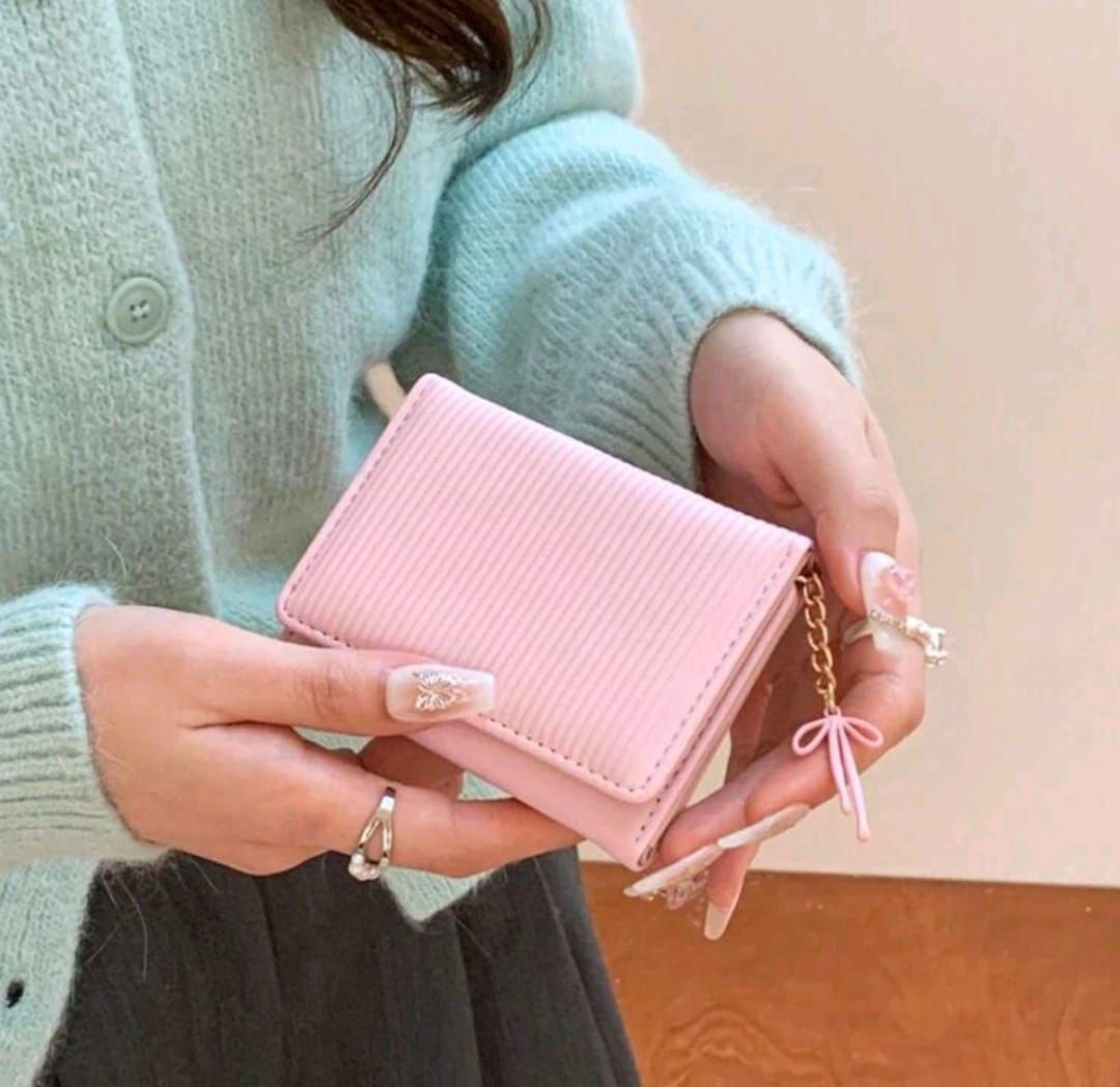 Korean Bow Tri-Fold Short Wallet – Cute Pink Multi-Card Coin Purse for Women