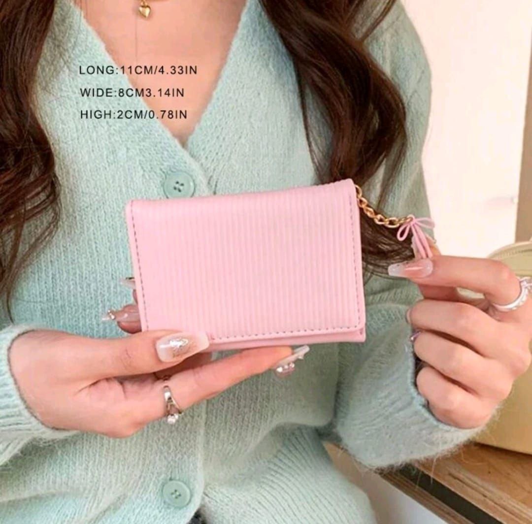Korean Bow Tri-Fold Short Wallet – Cute Pink Multi-Card Coin Purse for Women
