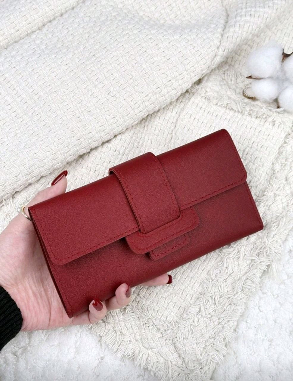 Vintage Burgundy Fold-Over Long Wallet – Slim Multi-Card Zipper Organizer for Women