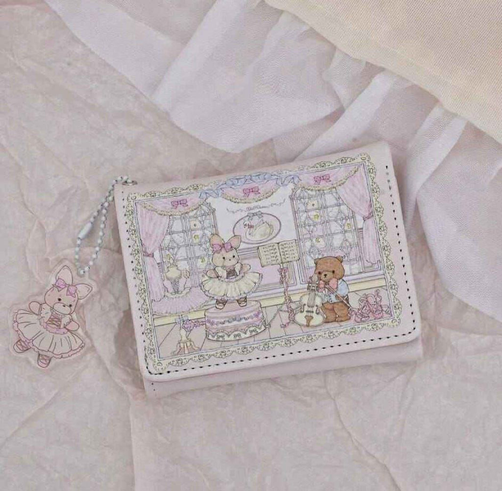Cute Rabbit & Bear Pink Tri-Fold Wallet – Multi-Card Holder Mini Coin Purse for Women
