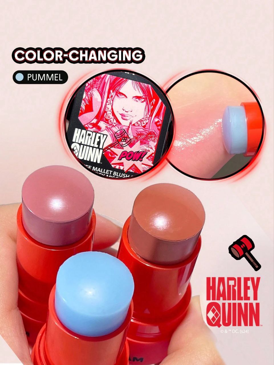 Harley Quinn x SHEGLAM Mischief Mallet Blush Stick – Color Changing Cream Blush, Natural Pigment, Long-Lasting Blendable Makeup for Women