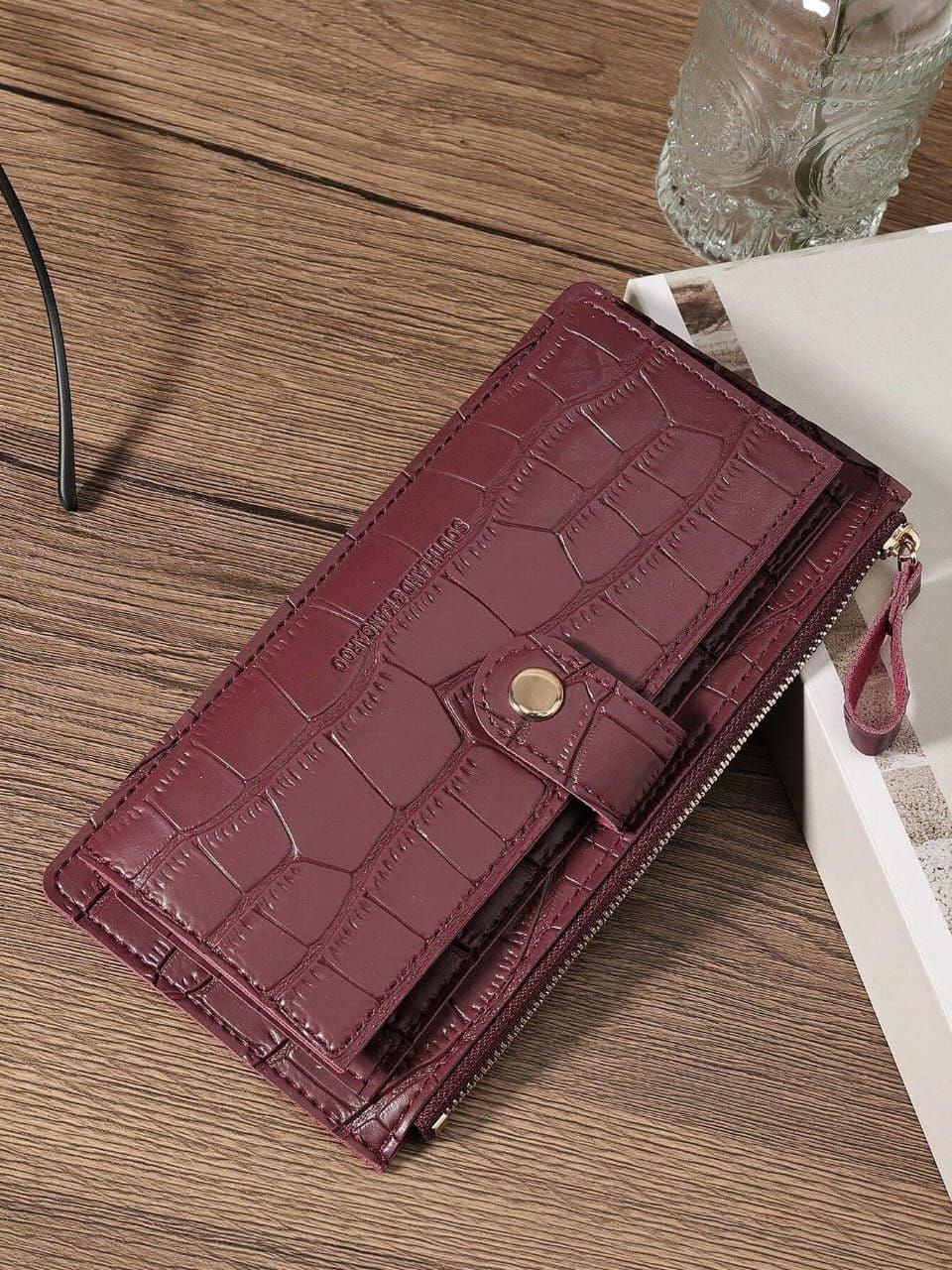 Burgundy Crocodile Embossed Long Wallet – Fold Over Zipper Card & Cash Organizer for Women