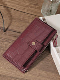 Burgundy Crocodile Embossed Long Wallet – Fold Over Zipper Card & Cash Organizer for Women