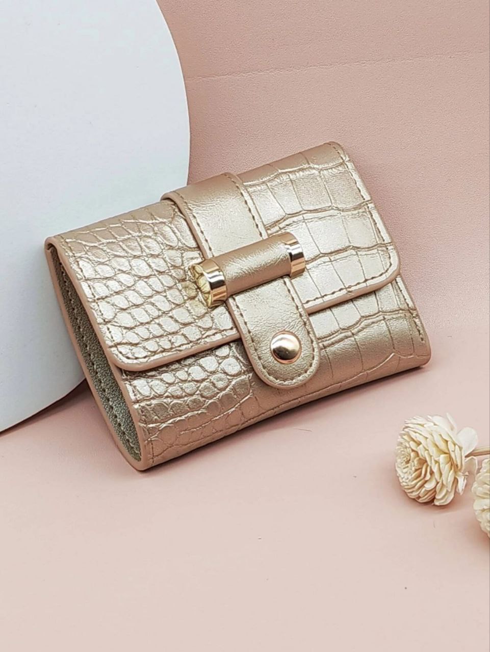 Gold Metallic Crocodile Fold-Over Wallet – Small Bi-Fold Card & Cash Organizer for Women