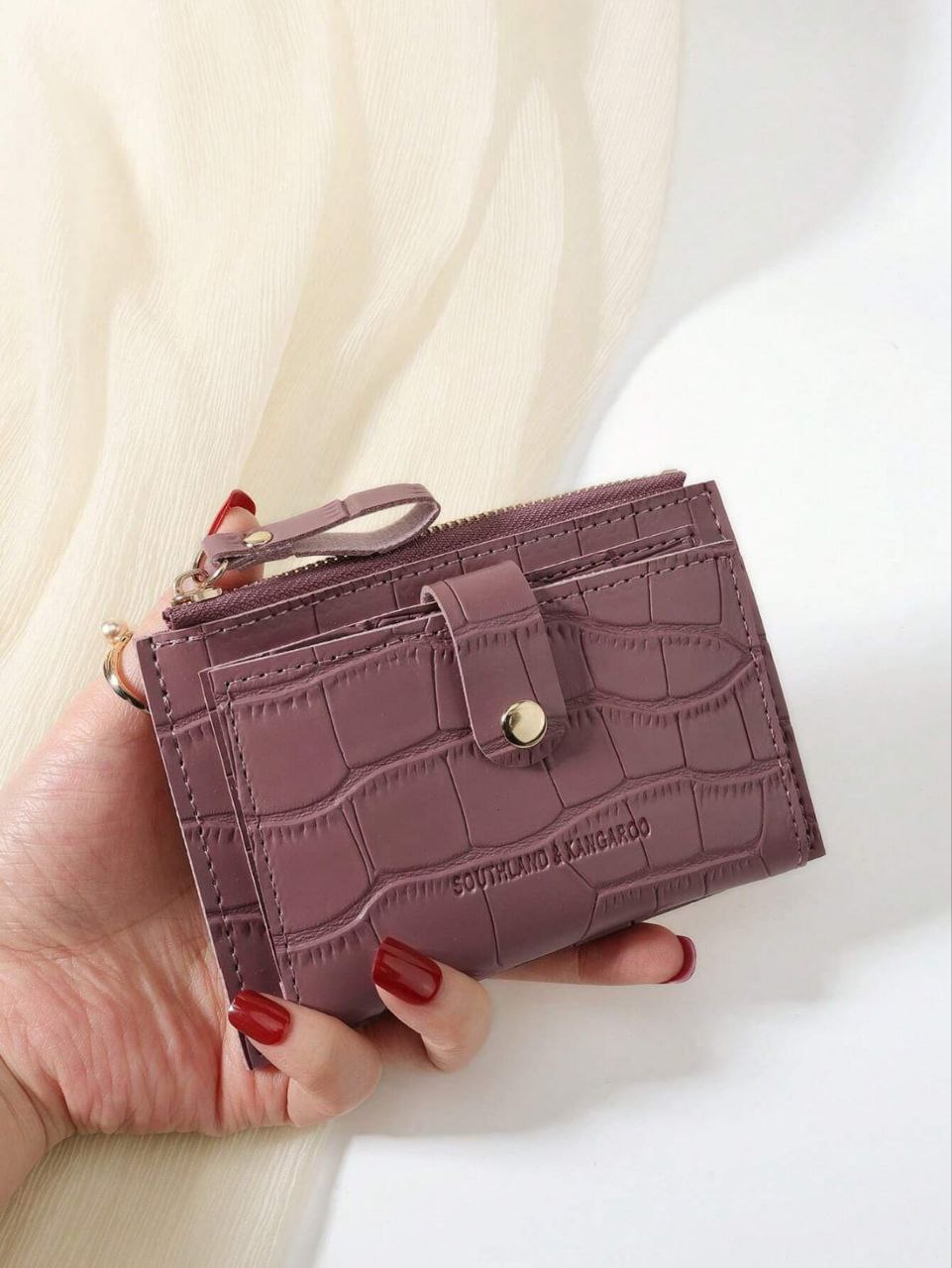 Crocodile Embossed Mini Card Holder Wallet – Slim Portable Card & Coin Wallet for Women (Dusty Pink)
