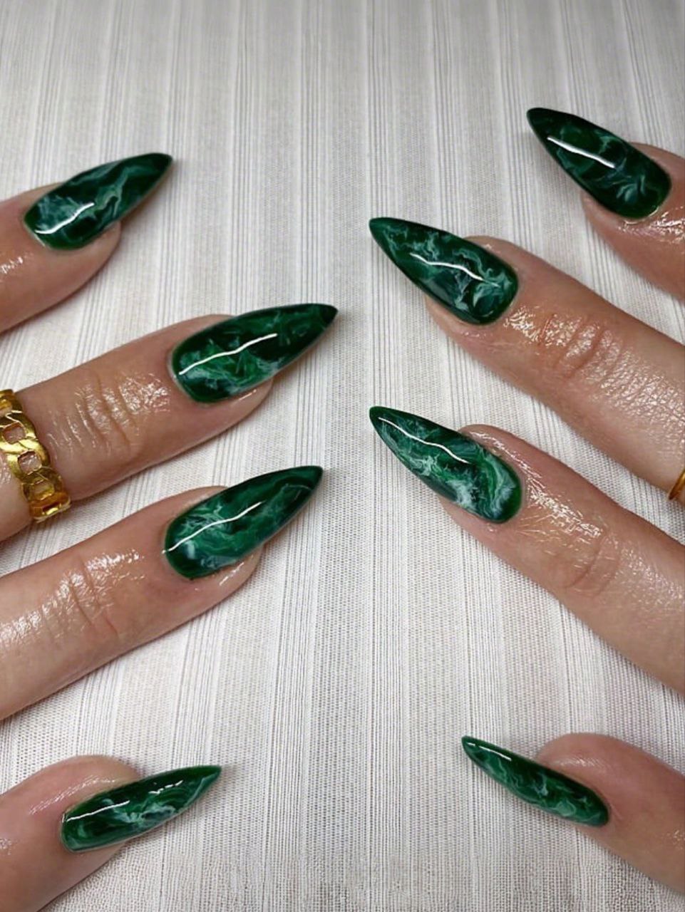24PCS Medium Almond Tie-Dye Marble Press-On Nails – Green Gradient